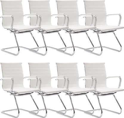 Wahson Office Guest Chairs Set of 8, Leather Reception Chairs, Mid Back Waiting Room Chair, Conference Chairs with Sled Base, Desk Chair No Wheels for Meeting/Lobby/Restroom, White