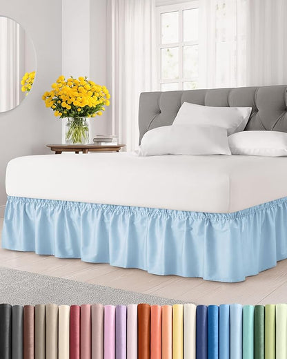 Wrap Around Dust Ruffle Bed Skirt - Light Blue - for King Size Beds with 18 Inch Drop - Elastic Strap - Adjustable Pleated Bedskirt with Brushed Fabric and Wrinkle Free - for Women, Men, Kids & Teens
