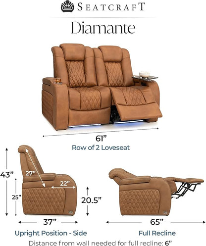 Seatcraft Diamante Zero-Gravity CoolZero Italian Leather Home Theater Seating, Power Headrest, Power Recline, Row of 2 Loveseat, Tawny