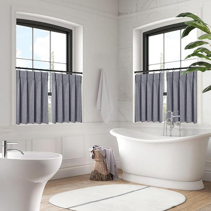 WdFour 24x18 Inch Pinch Pleated Blackout Cafe Curtains - Pack of 2, 100% Light Blocking Back Tab Drapes for Half Windows, Kitchen & Bathroom Short Curtains in Dark Gray