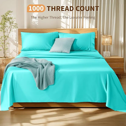 LBRO2M 100% Cotton Sheets Set Deep Pocket 19", 1000 Thread Count California King Size 4 Piece Bed Sheet Sets Soft Comfortable Bedding All Season (California King, Lake Green)