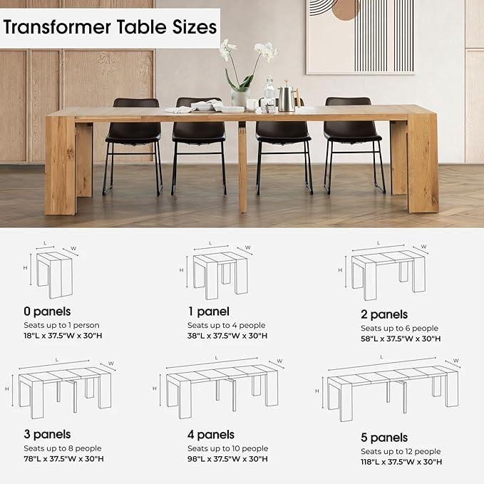 Transformer Table - Solid Wood Extendable Dining Table, Seats 2-12, Extendable Dining Room Table, Space-Saving Furniture, Expandable Dining Furniture (Natural, Table + 4 Chairs)