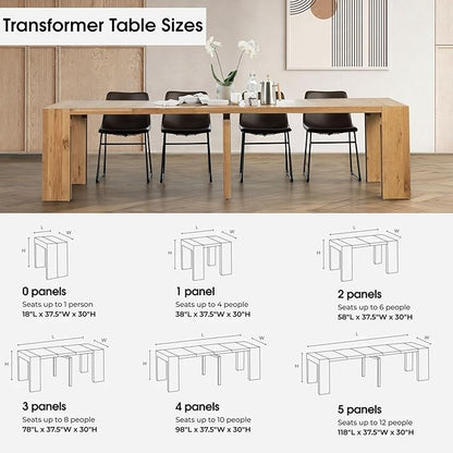 Transformer Table - Solid Wood Extendable Dining Table, Seats 2-12, Extendable Dining Room Table, Space-Saving Furniture, Expandable Dining Furniture (Natural, Table + 4 Chairs)