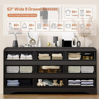 Dresser for Bedroom with 9 Drawers, 63" Large Modern Dressers & Chest of Drawers with Curved Profile Design, Wood Closet Clothes Storage Long Dressers Organizer for Bedroom Living Room Hallway, Black