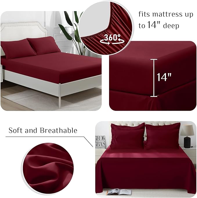 JOLLYVOGUE Queen Comforter Set, Ultra-Soft Bed in a Bag Queen Size 7 Pieces, Oeko-TEX Certified Bedding Set with Down Alternative Comforter, Sheets, Pillowcases & Shams, Burgundy
