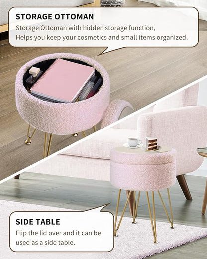 ABHENG Storage Ottoman Round Footrest Stool, Vanity Stool Chair Faux Teddy Fur with Storage, Pouf Couch Stool, Dressing Table Seat, Modern Multifunctional Chairs, 12.6"x12.6"x17.4" Jelly Pink UASND51P