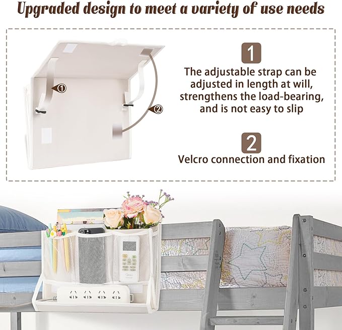 Bedside Caddy Bedside Storage Organizer Bedside Organizer with Power Strip Holder and 2 Adjustable Straps for Home Bunk Bed College Dorm Sofa (White)
