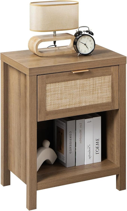 SICOTAS Rattan Nightstand - Farmhouse Night Stand with Drawer and Storage Shelf - Boho Bedside Table - End Side Table for Bedroom,Oak