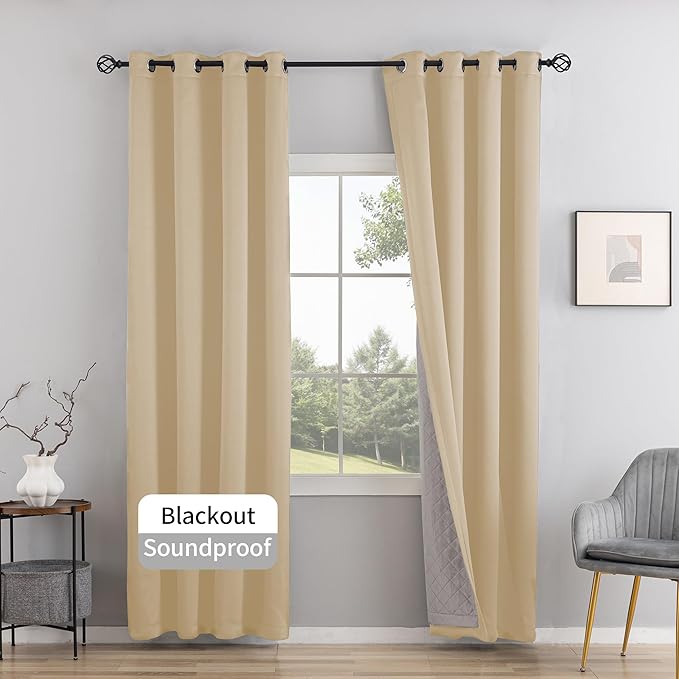 3-in-1 Layers Soundproof Curtains,Grommet Full Blackout Thermal Noise Dampening Curtains for Living Room, Bedroom(1 Panel,Beige,50" x84")