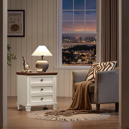Farmhouse Nightstand Set of 2, Vintage Couch End Table with 3 Drawers & 4 Square Solid Wood Legs, Rustic Bed Side Table with Storage, Small Dresser for Bedroom, Living Room, White