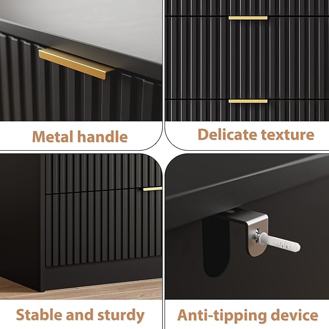Black 7 Drawer Dresser for Bedroom, 55.9" Wide Modern Fluted Dresser with Gold Metal Handles, Wide Chest of Drawers for Bedroom, Living Room, Entryway, Hallway