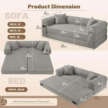 80" Convertible Sofa Bed,Corduroy Folding Sleeper Sofa Bed Queen with Pillows & Storage,Modular Pull Out Couches Boneless Couch for Living Room,Compressed Couch in a Box,Light Gray
