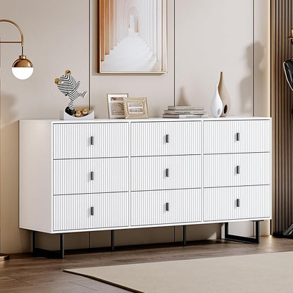 Modern Chest of Drawers with 9 Drawers,Deep Drawers,Clothes Organizer,Large Storage Cabinet for Living Room, Bedroom,Hallway,with Anti-Tipping Device, White