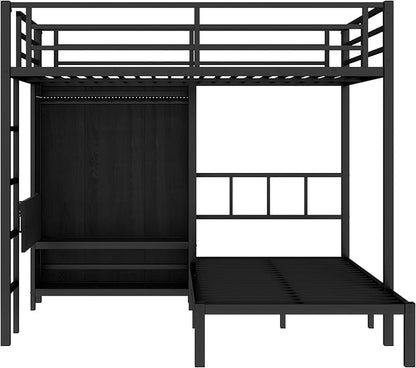 Full XL Over Twin Metal Bunk Bed with Folding Desk, Closet with LED,Space-Saving/Noise Reduced, Black