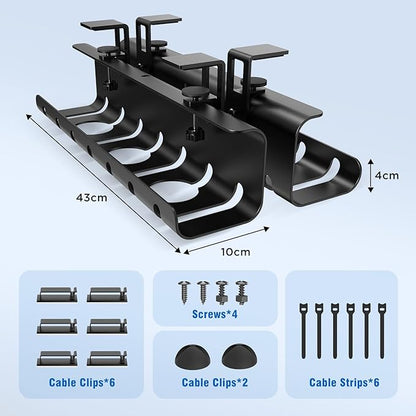 Under Desk Cable Management Tray No-Drill 2 Pack 16.9‘’ Wire Cord Organizers, Cable Management Under Desk for Home and Office No Damage Black