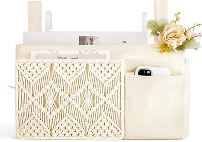 Mkono Bedside Caddy Hanging Organizer, Boho Macrame Storage with Fixed Straps and Hooks, 4 Pockets Holder Remote Magazine Accessories for Home Loft Bunk Bed, Dorm, Hospital Beds