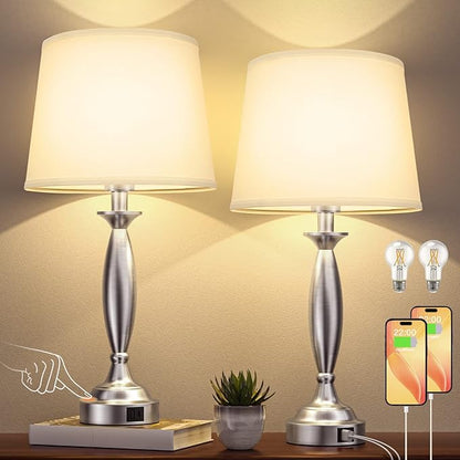 White Lamps for Bedrooms Set of 2 - Touch Control Bedside Lamp with USB C+A, 3 Way Dimmable Nightstand Lamps with USB Port, Table Lamp for Living Room(White Shade and Nickel Base)
