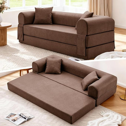 Convertible Sleeper Sofa Bed,78.5 Inch Faux Leather Futon Couch with Pillows & Storage Pocket,5-in-1 Folding Sofa Bed Queen with Pull Out Beds,Boneless Couches for Living Room,Couch in a Box,Brown
