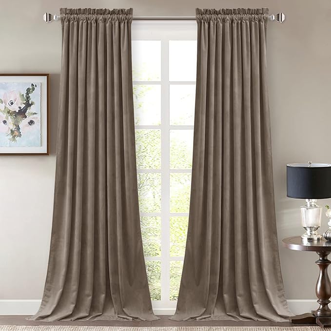StangH Taupe Velvet Curtains Premium Thermal Insulated Drapes for Bedroom, Heavy Soft Energy Efficient Curtains for Dining Room, Modern Decor, W52 x L100, 2 Panels