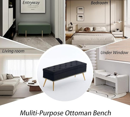 Velvet Storage Bench with Gold Legs& Nailhead Trim, 46" Wide Upholstered Modern Bedroom Bench for End of Bed, Tufted Ottoman for Entryway Living Room Dining Room (Black, 46" Wide)