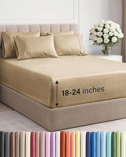 Extra Deep Queen Sheet Set - 6 Piece Breathable and Cooling Sheets - Hotel Luxury Bed Sheets Set - Easy Fit - Soft, Wrinkle Free and Comfy Sheets Set - Heathered Tan Sheet Set with Extra Deep Pockets