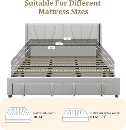 King Bed Frame with Storage Drawers, Upholstered King Size Platform Bed with 47" Tall Headboard and Wingboard, No Box Spring Needed, NO Noise, Easy Assembly, Wooden Support Slats,Light Grey