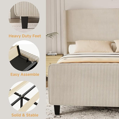 King Size Bed Frame and Headboard, Upholstered King Bed Frame with Tall Wingback Headboard & Footboard, USB Ports, Easy Assembly, Beige