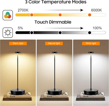 2Pack Cordless LED Table Lamp，Rechargeable Battery Operated Table Light, 3 Color Stepless Dimmable Table Lamp, Portable Table Light for Outdoor/Restaurants/Patio