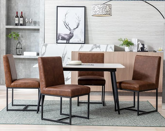 CIMOTA Modern Dining Chairs Set of 4, Leather Dining Room Chairs Upholstered Mid Century Armless Guest Side Chair with Black Base for Dining Room/Kitchen, Vintage Brown 4PCS