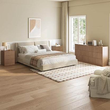 Fluted Dresser & 3 Drawer Nightstand Set 3-Piece, 63” Long 9 Drawer Dresser and Night Stand Set of 2, Fluted Modern Wood Chest of Drawers Storage Dressers Set for Bedroom, Natural Wood