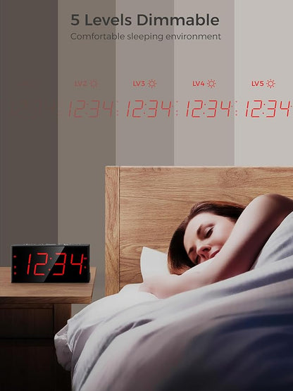 PPLEE Alarm Clock for Bedroom, Large Number Digital Clock with Dimmer for Living Room, Dual Alarms Easy to Read clock for Seniors, Electric Bedside Desk Clock with USB Charger, Digital Red LED Display