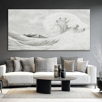 YETHEN WAL Textured Grey Wave Wall Art – Extra Large 3D Coastal Canvas, Neutral Minimalist Seascape for Living Room Bedroom, Hand-Painted Details, 29×58 Inch