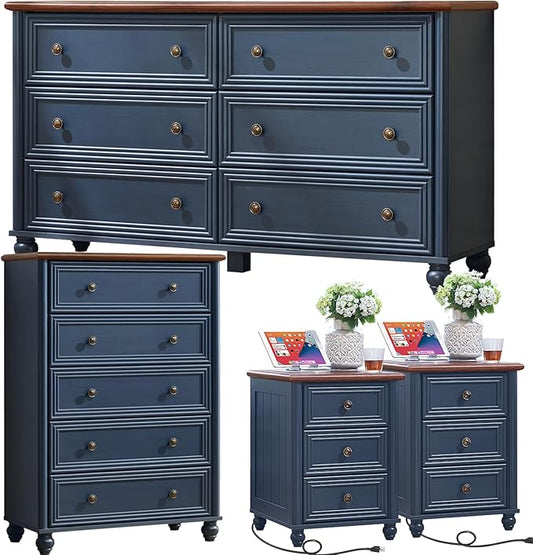 Farmhouse Dressers & Night Stand Set of 4, Wood 54" Wide Dresser & 45" Tall Chest of Drawers, 18" with Charging Station Nightstand Set of 2, Bedroom Furniture Dresser Set for Home Living Room Hallway