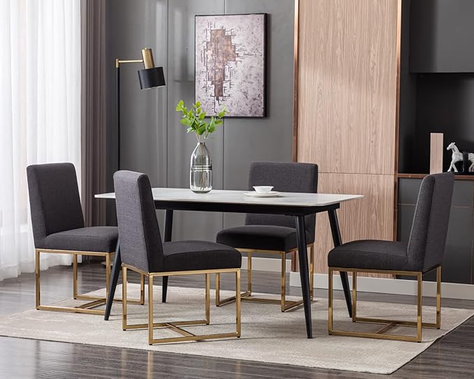 CIMOTA Black Modern Dining Chairs Set of 8, Upholstered Dining Room Chairs Armless Guest Side Chair with Gold Base for Dining Room/Kitchen, Charcoal Black, 8PCS
