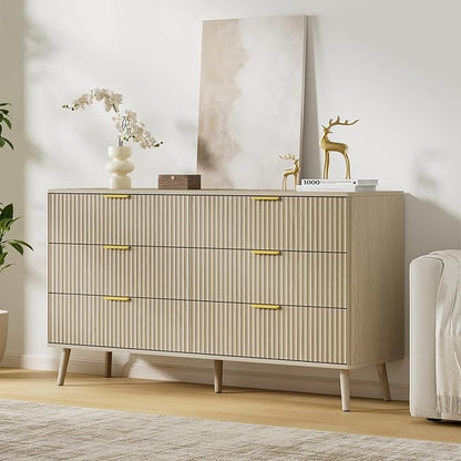 LYNSOM Fluted Dresser and Nightstand Sets 3 Piece, 6-Drawers Dresser and 1-Drawer Nightstands Set of 2, Wood Bedroom Furniture Set for Home, Bedroom, Hallway, Beige