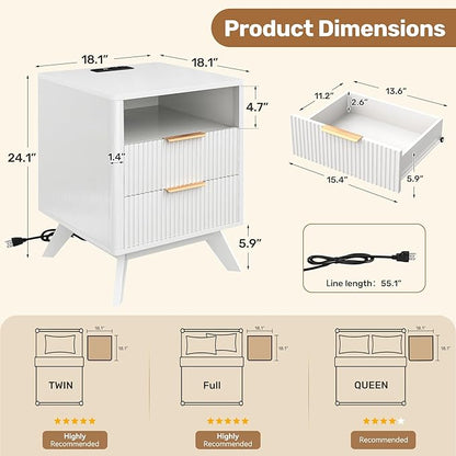 Modern Nightstand,Side Table with Charging Station,Bedside Tables with Drawer,Mid-Century End Tables Set (1-Piece),White
