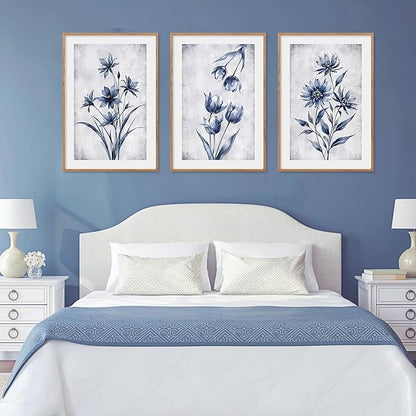 LHIUEM Navy Blue and Grey Flower Framed Canvas Wall Art Set,Modern Botanical Plant Wall Decor,Neutral Wildflower Painting,Watercolor Aesthetic Floral Artwork for Living Room,Bedroom,Office-16''x24''x3