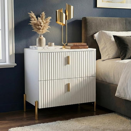 Luxury Fluted Night Stand, Nightstand with 2 Drawers, Modern Bedside Table with Golden Legs and Handles, End Tables for Living Room Bedroom, White