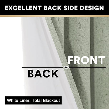 PrinceDeco Sage 100% Blackout Curtains 54" Long Blackout Curtains for Bedroom Linen Texture Solid Thermal Insulated with White Liner Luxury Decor for Nursery 52x54 Inch (2 Panels)