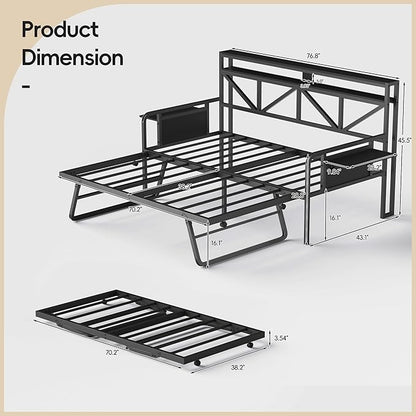 Daybed with Trundle, Heavy Duty Metal Twin Bed Frame with LED Lights & 2-Tier Storage Shelves, Sofa Day Bed with Charging Station & Tabletop for Living Room, Bedroom, Guest Room (Black)