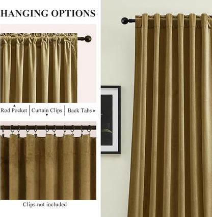 AUSSPVOCT Velvet Curtains 90 Inches Long 2 Panels for Bedroom, Thermal Insulated Room Darkening Luxury Soft Blackout Curtain Back Tab Rod Pocket Window Drapes for Living Room, W52 x L90, Goldbrown