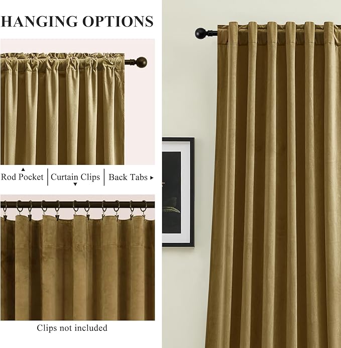 Velvet Curtains 102 Inches Long for Bedroom, Super Soft Room Darkening Thermal Insulated Curtains Luxury Window Drapes for Living Room Nursery, Back Tab Rod Pocket, Goldbrown, W52 x L102, 2 Panels