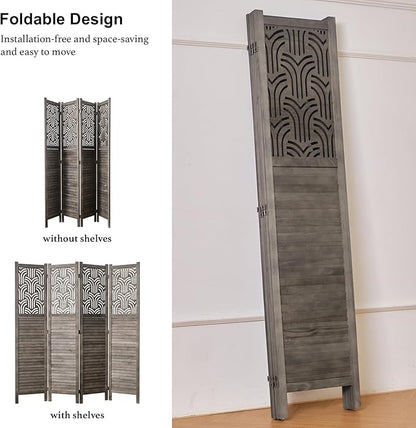 Svimi Folding Room Divider, 66.9 Inch 4 Panels Wood Carved Privacy Screens, Free Assembled Freestanding Portable Separation Wall for Home Office Restaurant Bedroom (Gray)