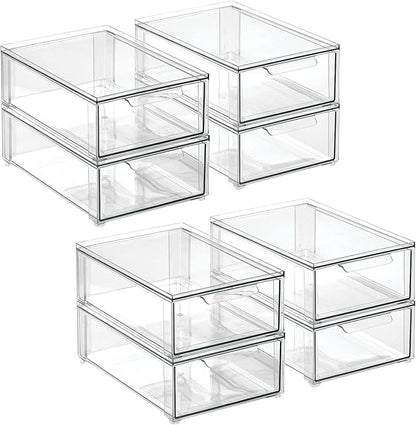 mDesign Plastic Stackable Bathroom Storage Organizer Bin with Pull Out Drawer for Cabinet, Vanity, Shelf, Cupboard, Cabinet, or Closet Organization - Lumiere Collection - 8 Pack - (Clear, 8 x 12 x 4)