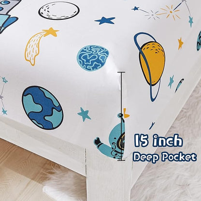 JSD Blue Astronaut Kids Sheet Set Twin Size, 3 Piece Space Rocket Printed Microfiber Bed Sheets Deep Pocket