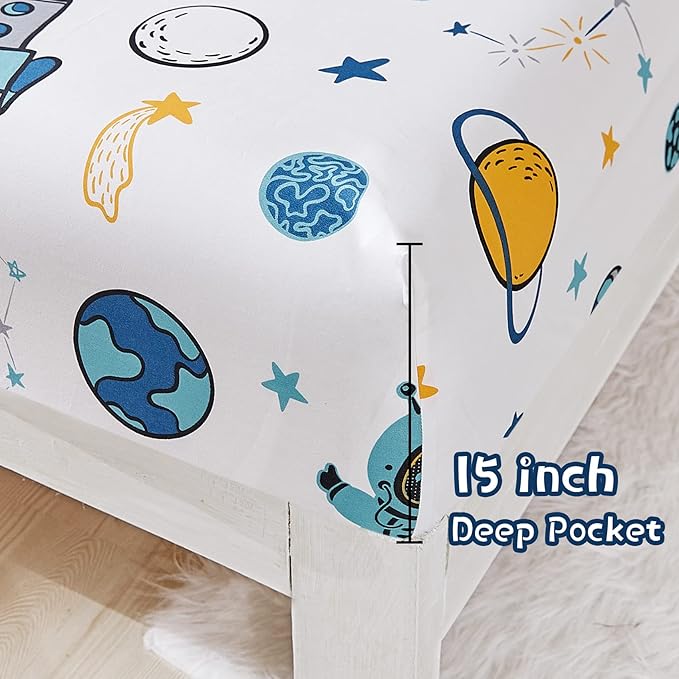 JSD Blue Astronaut Kids Sheet Set Full Size, 4 Piece Space Rocket Printed Microfiber Bed Sheets Deep Pocket