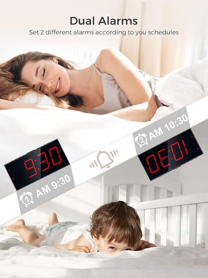 PPLEE Alarm Clock for Bedroom, Large Number Digital Clock with Dimmer for Living Room, Dual Alarms Easy to Read clock for Seniors, Electric Bedside Desk Clock with USB Charger, Digital Red LED Display
