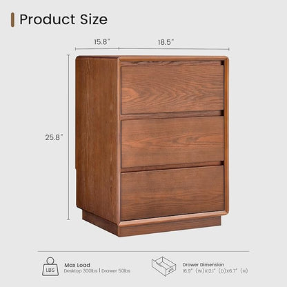 Solid Wood Nightstand, Natural Wood Night Stand with 3 Drawers, Mid Century Modern Nightstand with Storage, Bedside Table for Bedroom, Office, Brown