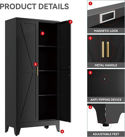 Farmhouse Pantry Cabinet with Barn Doors,61" H x 27.5" W,Metal Cabinet with Adjustable Shelves,4-Tier Storage Cabinet for Kitchen Dining Room Garage Office,Black