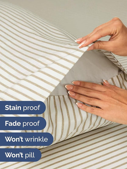 Extra Deep Full Sheet Set - 6 Piece Breathable and Cooling Sheets - Hotel Luxury Bed Sheets Set - Easy Fit - Soft, Wrinkle Free and Comfy Sheets Set - Beige Striped Sheet Set with Extra Deep Pockets